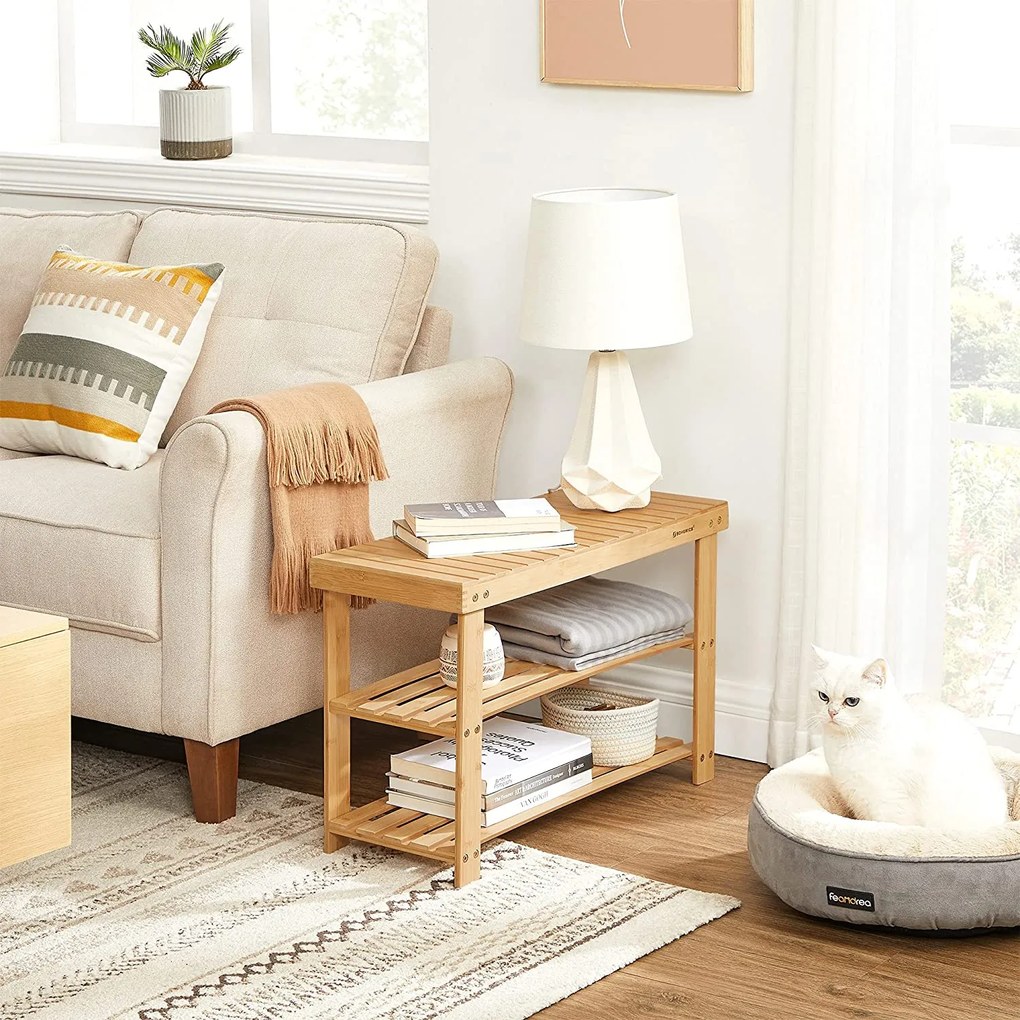 Lavica na topánky, bambusový botník s 3 policami, prírodný