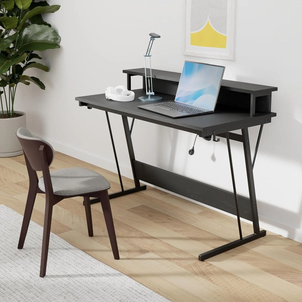 Písací stôl, herný stôl so stojanom na monitor pre 2 monitory, čierny