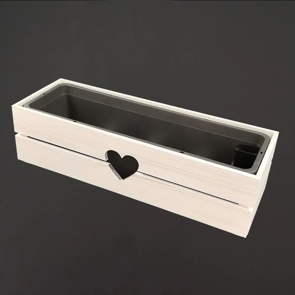 AMADEA Drevený obal na kvetináč so srdcom biely, 62x21,5x17cm Český výrobok
