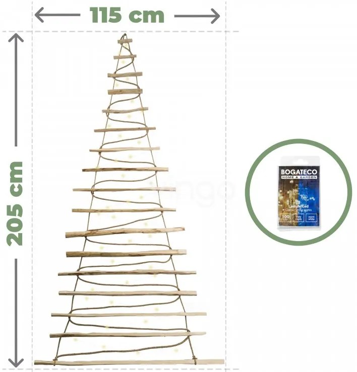Veľký závesný drevený vianočný stromček s LED osvetlením - 205 cm