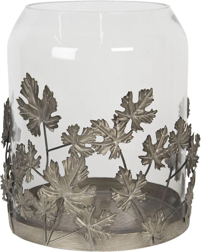 Sklenená lampáš s kovovou dekoráciou listov - Ø 30 * 35 cm