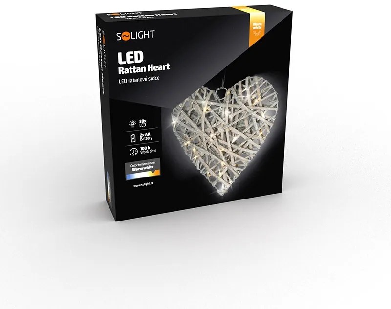 SOLIGHT LED ratanové srdce, 30x LED, 2x AA, 30cm