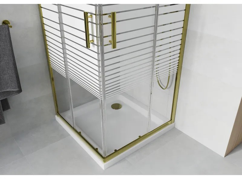Mexen Rio, štvorcový sprchovací kút s posuvnými dverami 90(dvere) x 90(dvere) x 190 cm, 6mm číre sklo s pásikmi, zlatý profil + biela sprchová vanička SLIM, 860-090-090-50-20-4010G