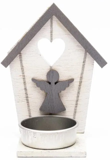 DECOLED Drevený svietnik, domček s anjelom, 10,5x5 cm
