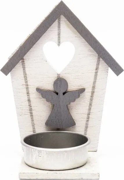 DECOLED Drevený svietnik na čajové sviečky Chalúpka s anjelom 10,5 × 5 cm, sivý a biely