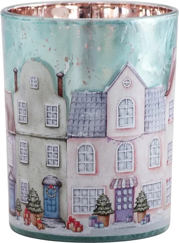 Modrý sklenený svietnik dedinka domčeky Village M - Ø 10*13 cm