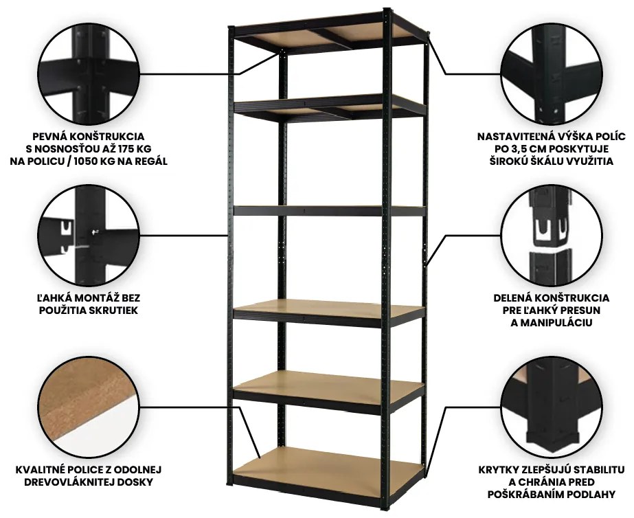 Fistar Regál 2400x1200x600 mm lakovaný 6-policový, nosnosť 1050 kg - ČIERNÝ