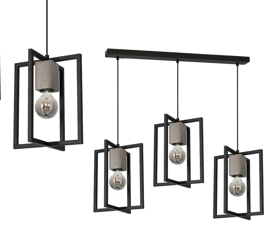 Závesné svietidlo Ralph, 3x drevené/čierne kovové tienidlo, b