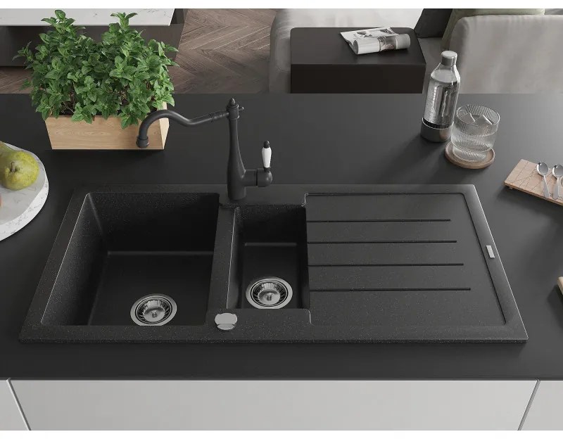 Mexen Andres, granitový drez 1000x500x200 mm, 1,5-komorový a drezová batéria Carla, čierna-strieborná metalíza, 6515-73-670700-70