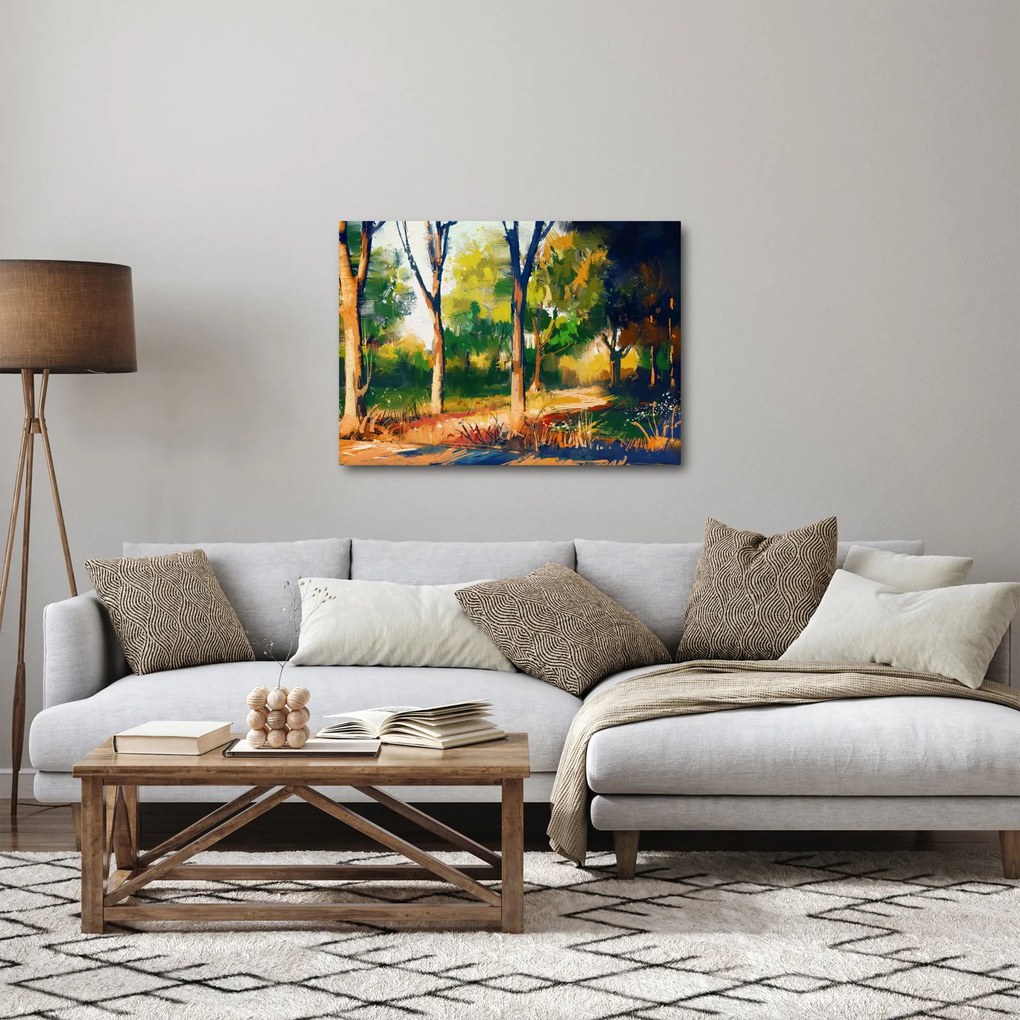 Obraz lesa v letnom slnku, maľba (70x50 cm)