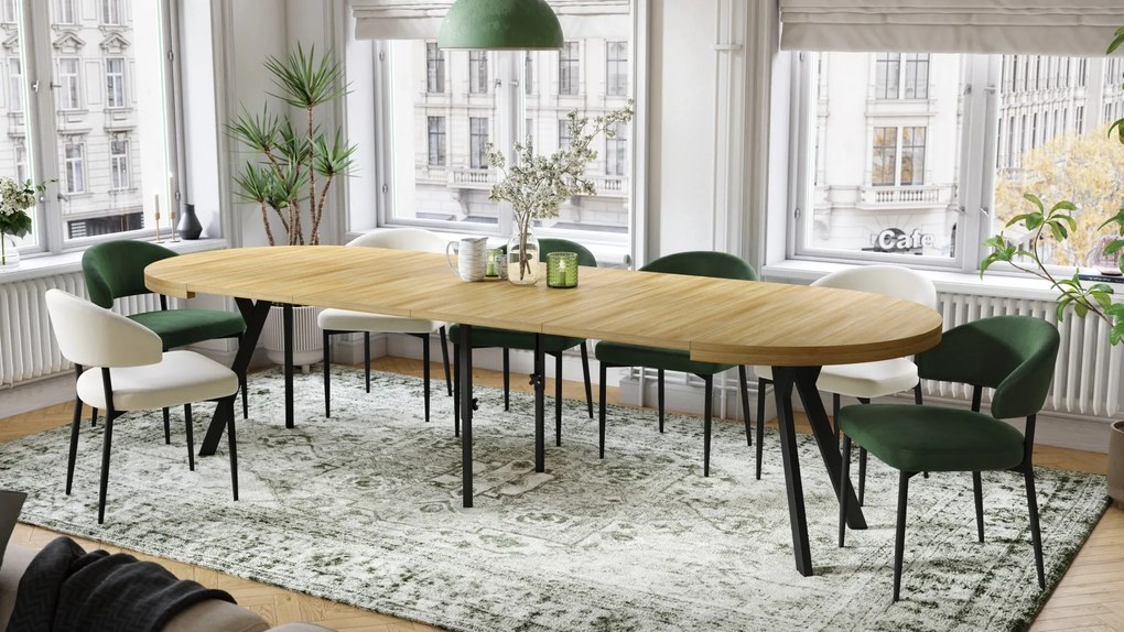 EXPANSO Dub Americký / čierne nohy - VEĽKÝ OKRÚHLY STÔL Ø110 ROZKLADACÍ AŽ DO 310 cm S NOHAMI Y LOFTOVÝ / INDUSTRIÁLNY