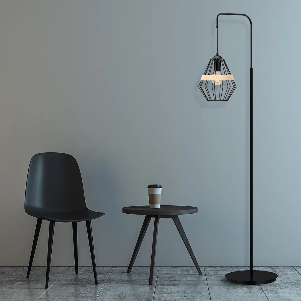 Stojacia lampa Cliff, 1x drevené/čierne drôtené tienidlo, b