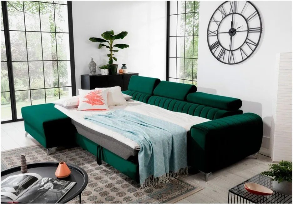 Zelená zamatová rozkladacia/s úložným priestorom rohová pohovka (ľavý roh/s leňoškou) Grayson – ELTAP