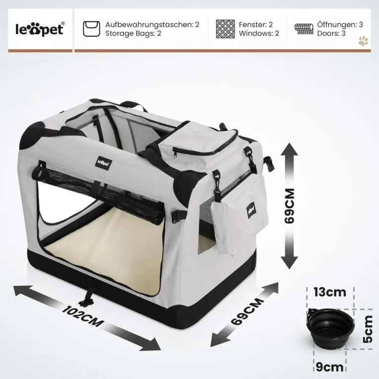 Leopet Prepravný box pre psov XXXL, 102 x 69 x 69 cm, sivý