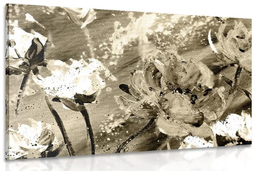 Obraz maľované kvety v sépiovom prevedení Varianta: 90x60