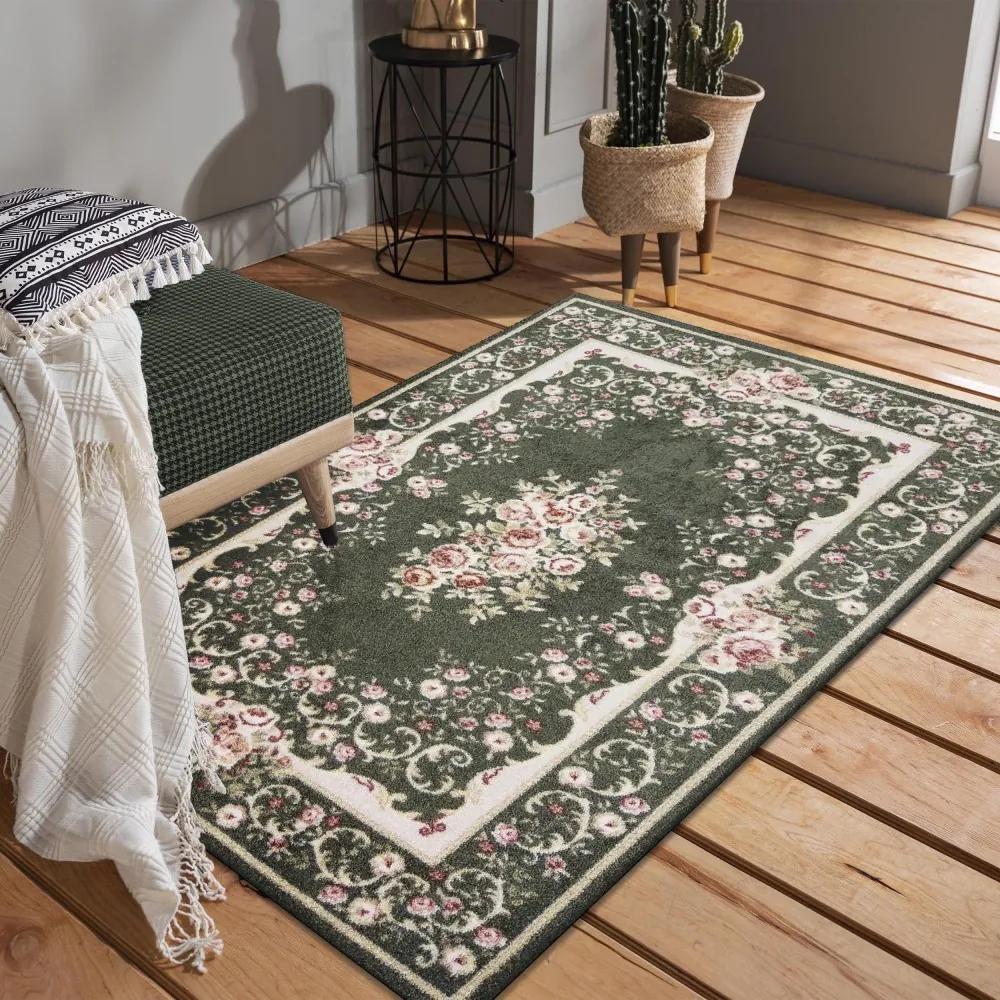 DomTextilu Nadčasový zelený rustikálny koberec s ružovými kvetmi 40984-187477