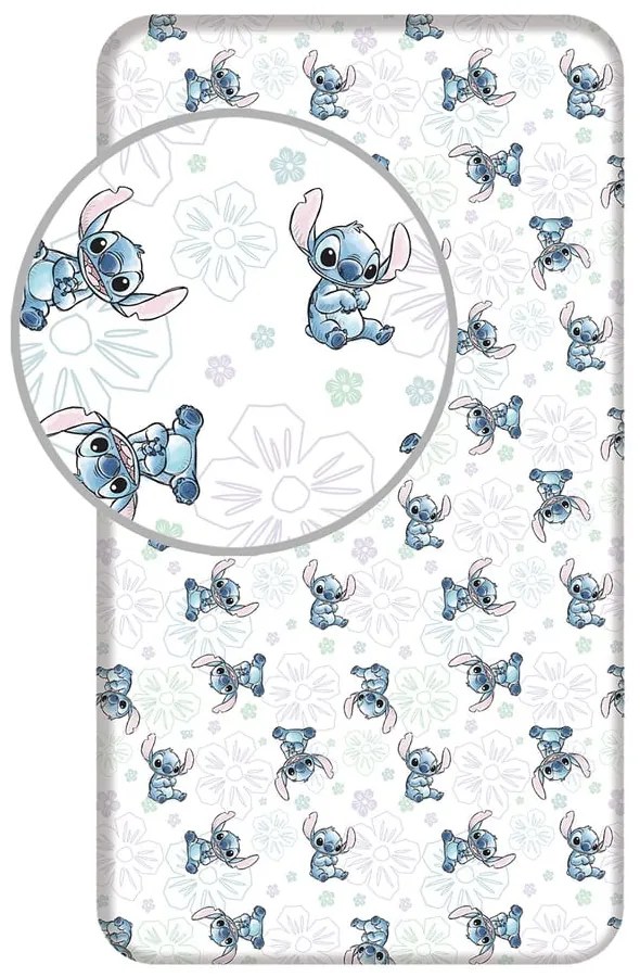 Biela napínacia bavlnená detská plachta na jednolôžko 90x200 cm Lilo and Stitch "Ohana White" – Jerry Fabrics