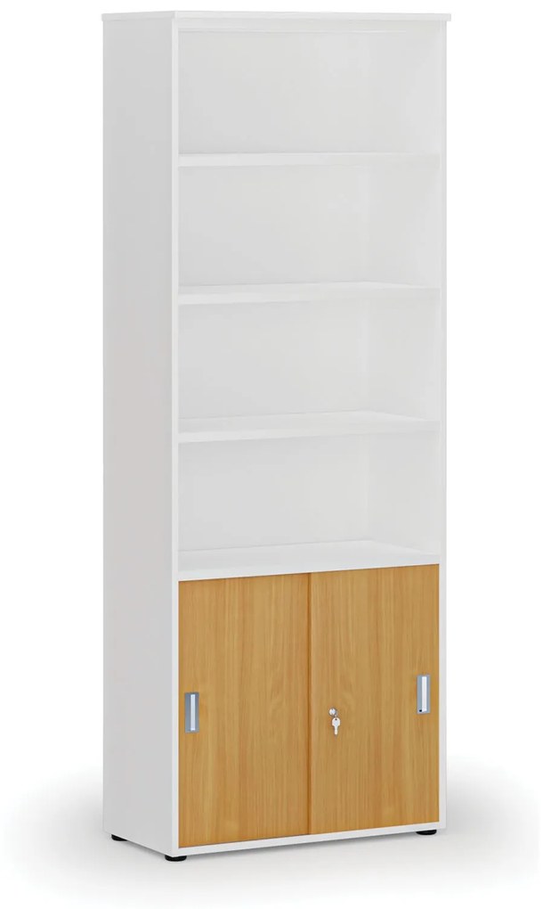 Kombinovaná kancelárska skriňa PRIMO WHITE, zasúvacie dvere na 2 poschodia, 2128 x 800 x 420 mm, biela/buk