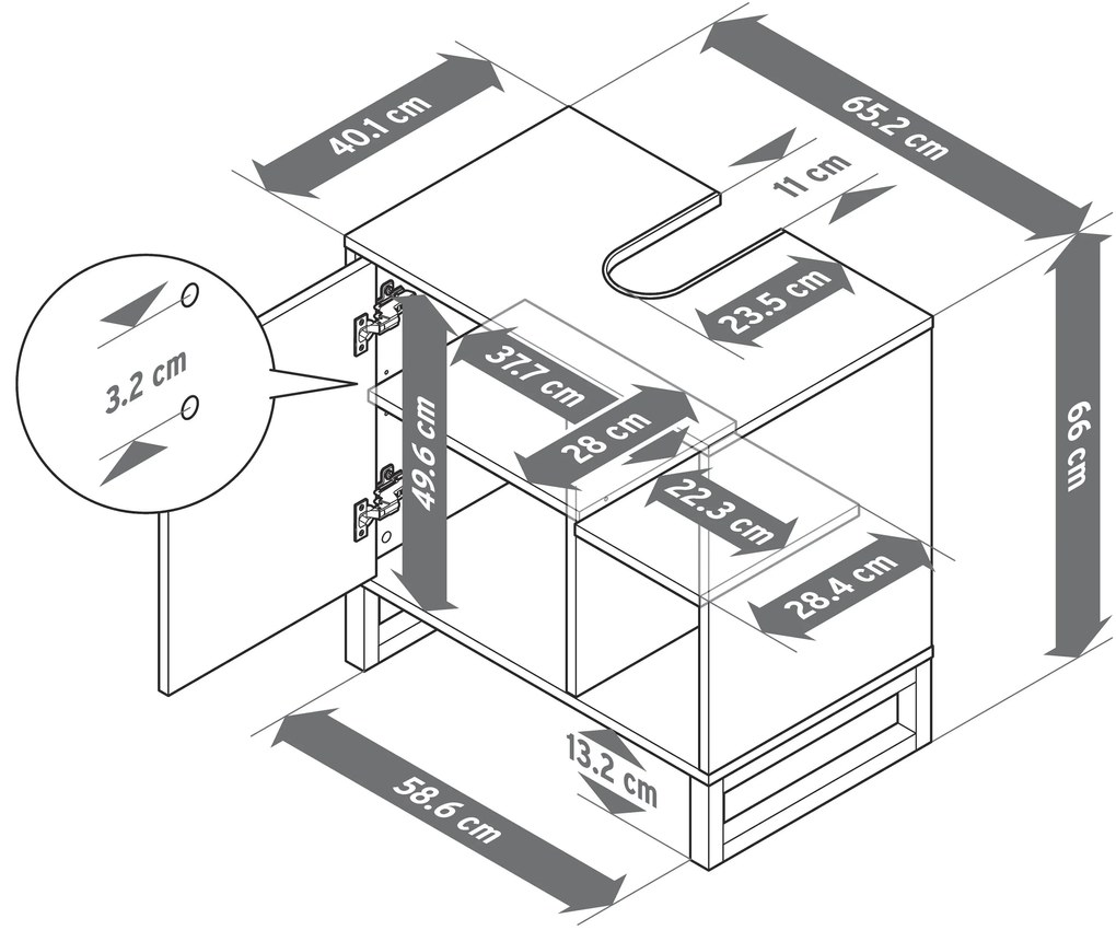 Umývadlová skrinka s dvierkami a poličkou naboku