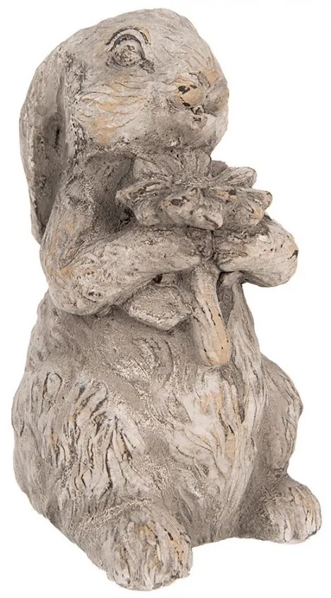 Šedá antik cementová dekorácia králik s kvetinou - 10*9*15 cm