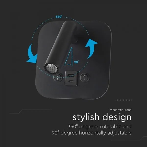 LED nástenné bodové svietidlo s USB portom LED/8W/230V 3000K čierne