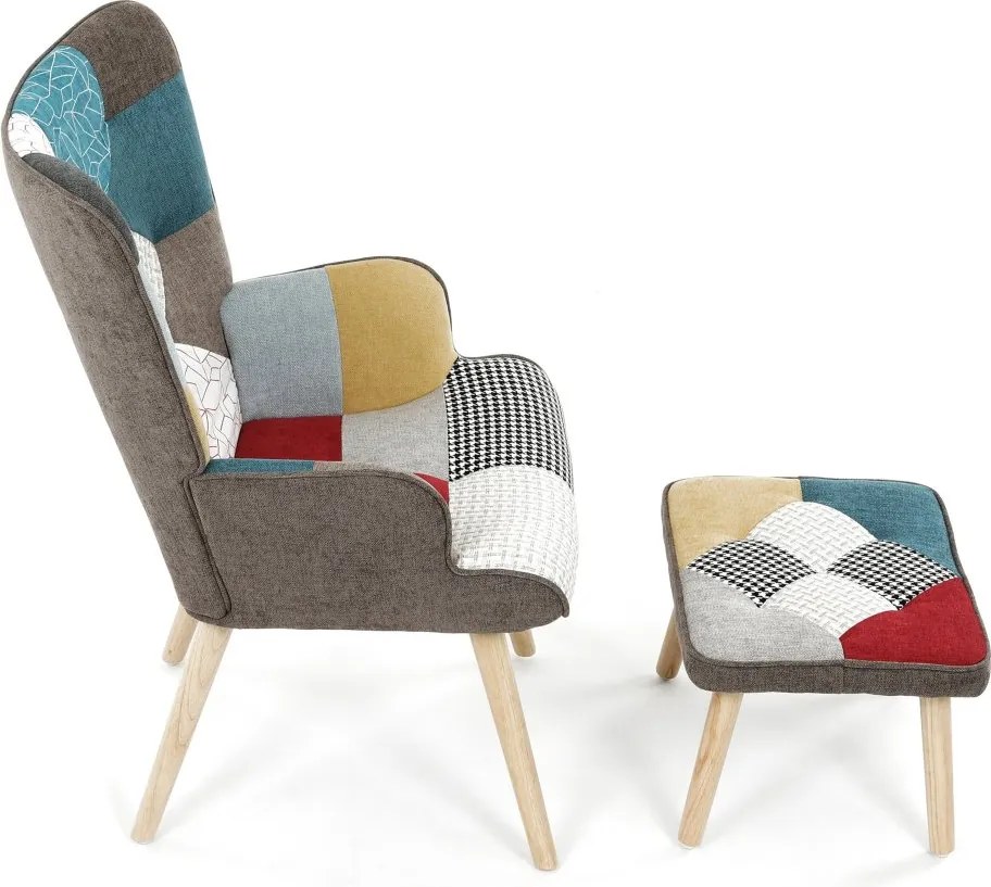 Relaxačné kreslo ušiak LISA + taburet — masív, látka, patchwork