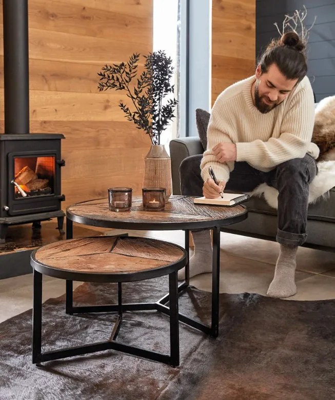 Set 2 ks stolíkov Oxford, masívne drevo/kov