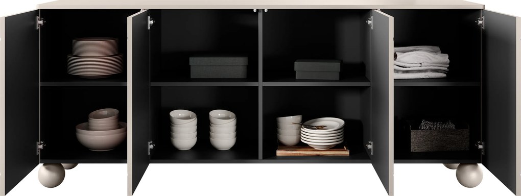 Kozmetická komoda Sonatia II 200 cm so štyrmi dverami - kasmír / guľové nohy