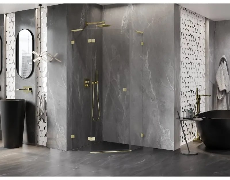 Mexen Lunar, L päťuholníkový sprchový kút naklápací doľava 100 x 100 cm, 8mm číre sklo, zlatý matný profil, 831L-100L-100P-55-00-L
