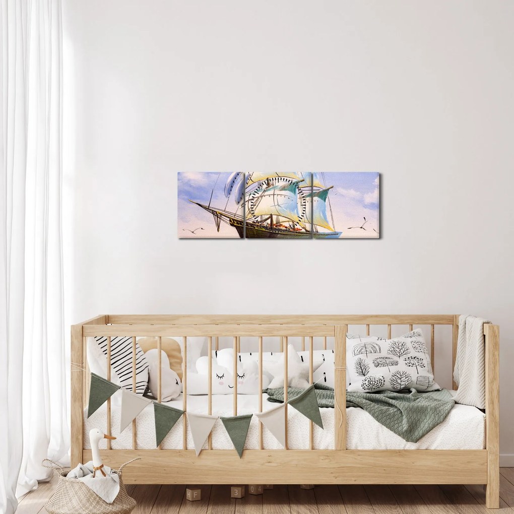 Obraz lode na vlnách (s hodinami) (90x30 cm)