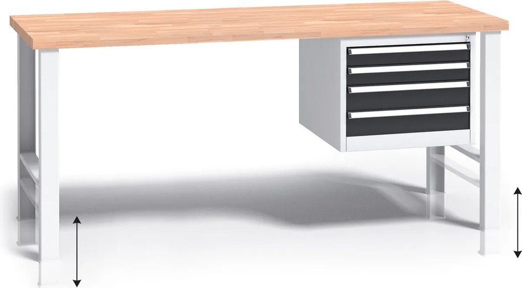Výškovo nastaviteľný pracovný stôl do dielne G3 so závesným boxom na náradie, buková škárovka, 4 zásuvky, 1700 x 685 x 840 - 1050 mm, grafit