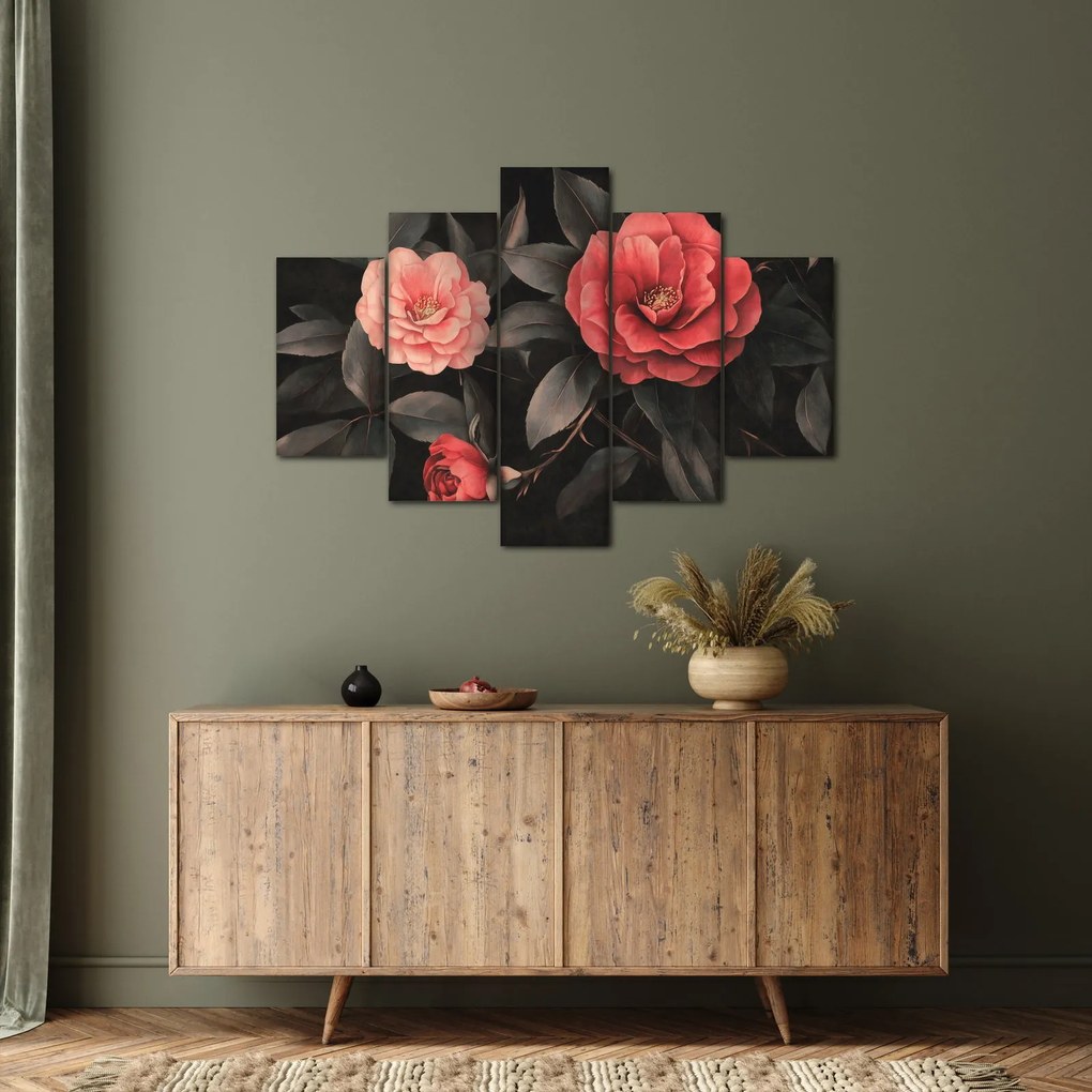 Obraz - Červené kvety na tmavom pozadí (150x105 cm)