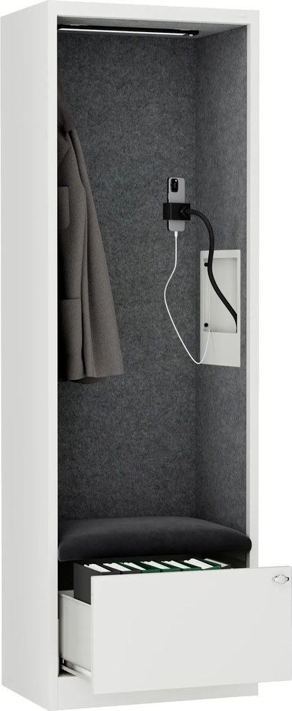Akustická kabína SALLY MentalBox 600 mm – biely korpus, tmavosivé sedadlo
