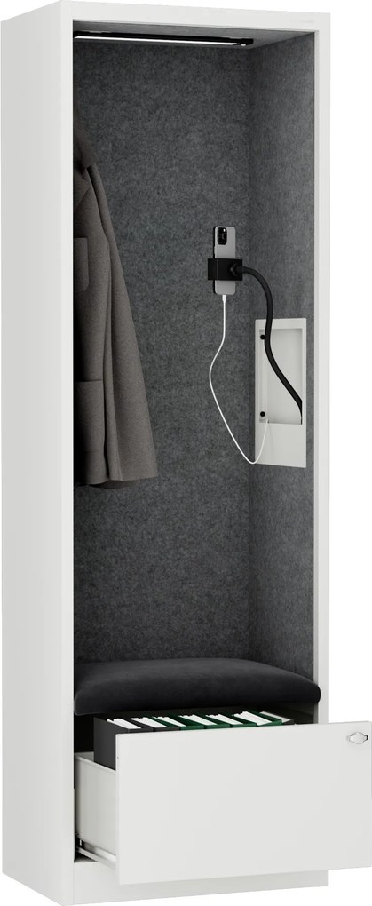 Kancelárska akustická kabína so sedadlom a portom USB-C, telo v biely / sedák tmavosivá v zelenej farbe, 600 mm: SALLY MentalBox