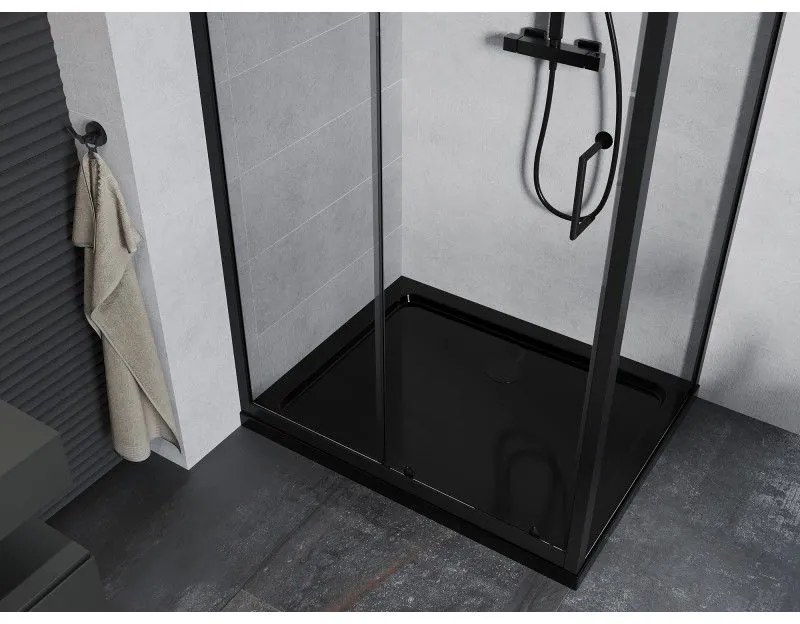 Mexen Apia, sprchový kút s posuvnými dverami 110 (dvere) x 80 (stena) cm, 6mm číre sklo, čierny profil + čierna sprchová vanička s čiernym sifónom, 840-110-080-70-00-4070B