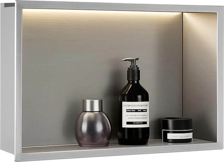 Rea Vstavaná kúpeľňová polica s LED osvetlením 45x30 cm, brúsená oceľ