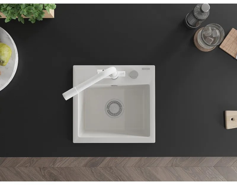 Mexen Milo, granitový drez 435x410x171 mm, 1-komorový a biela batéria Duero, biela, 6505-20-671600-20