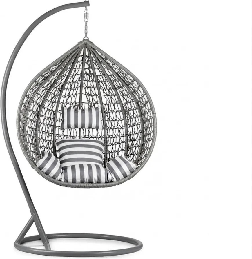 Sivé závesné kreslo KOKON so stojanom, bielo-sivý vankúš