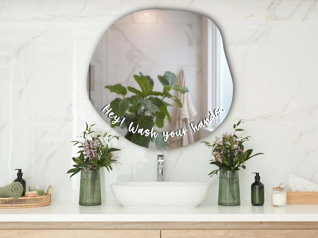Nálepka na zrkadlo S47 – Hey! Wash your hands. (round)