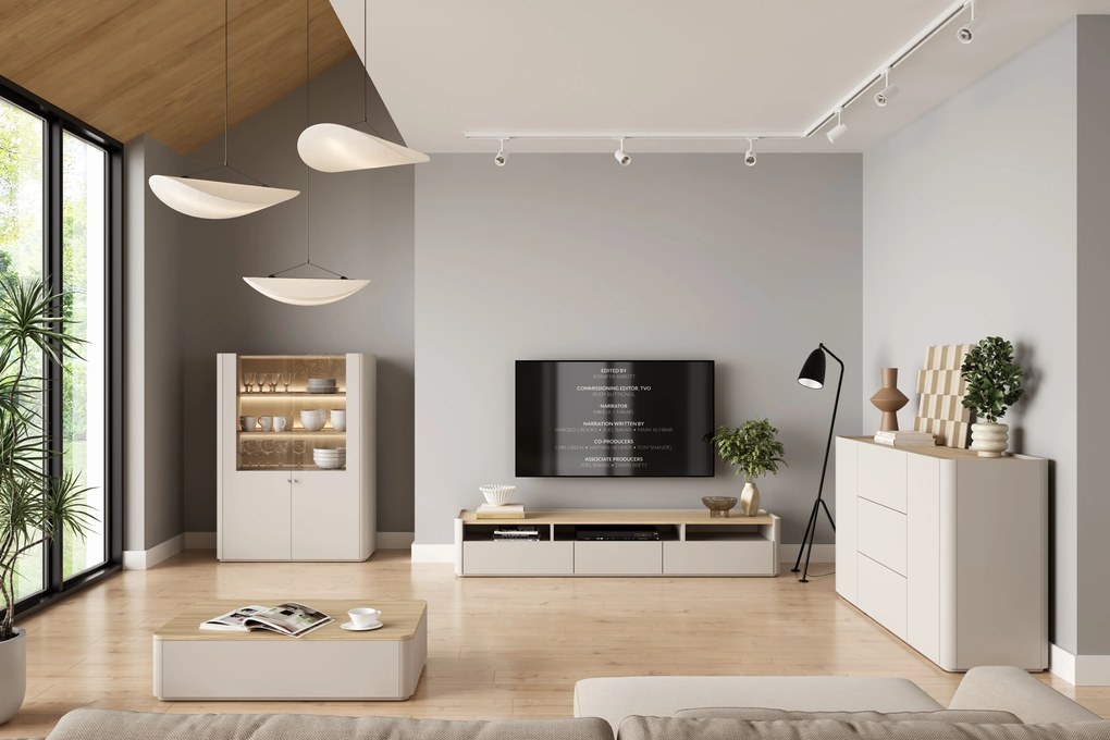 Vitrína Elivo 100 cm dvojdverová - kašmír / olejovaný dub