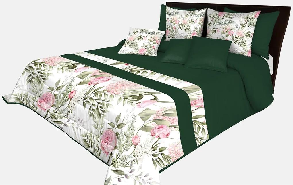 Prešívaný prehoz na posteľ v smaragdovo zelenej farbe s krásnymi ružovými kvetinami