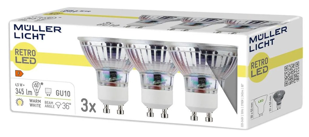 Müller Licht LED reflektor GU10 4,5W 827 číra 3 ks