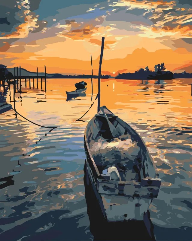 Gario Maľovanie podľa čísel Rybárska loďka pri západe slnka Rozmery: 30 x 40 cm, Rámovanie: Iba zrolované plátno