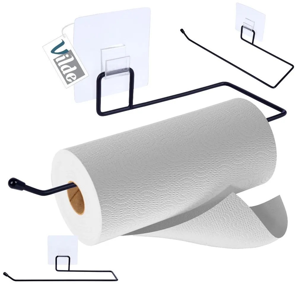 VILDE Držiak na kuchynské utierky, kovový čierny, samolepiaci