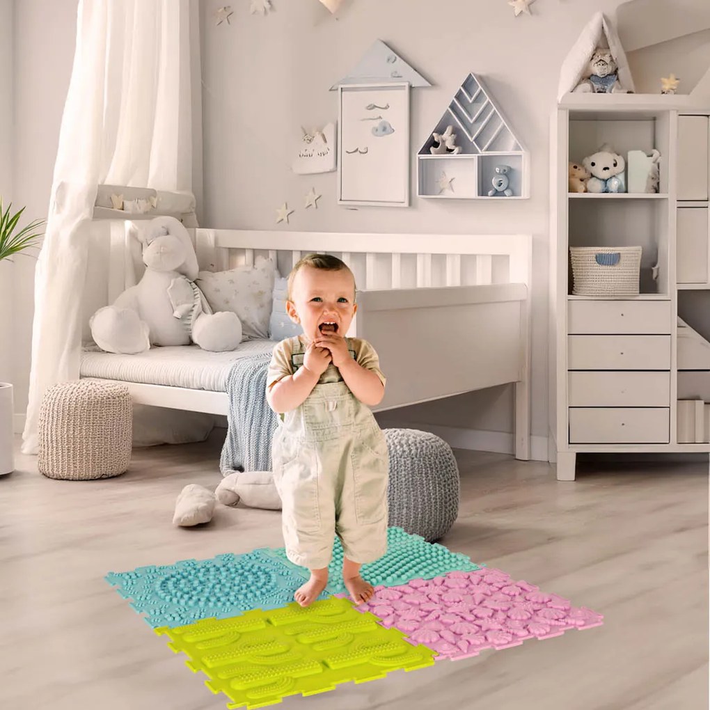 KIK Montessori smyslová podložka pro děti, 8 dílů, 6 textur, pastelové barvy