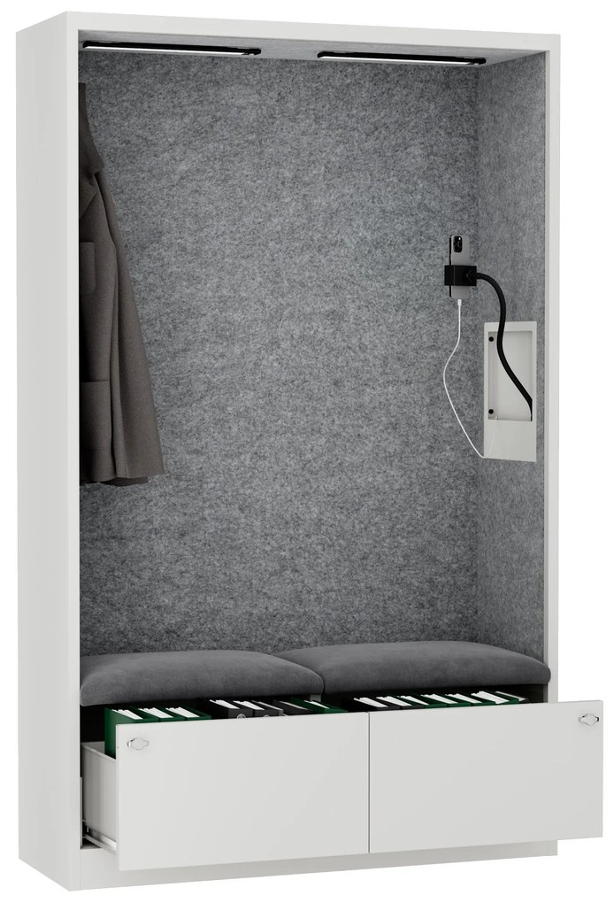 Kancelárska akustická kabína so sedadlom a portom USB-C, telo v biely / sedák sivá v zelenej farbe, 1150 mm: SALLY MentalBox