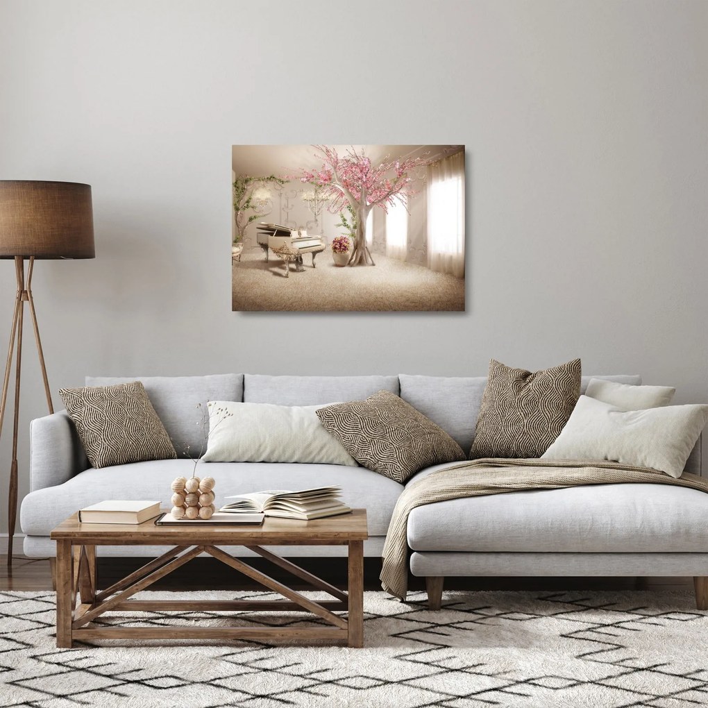Sklenený obraz - Snový interiér s klavírom (70x50 cm)