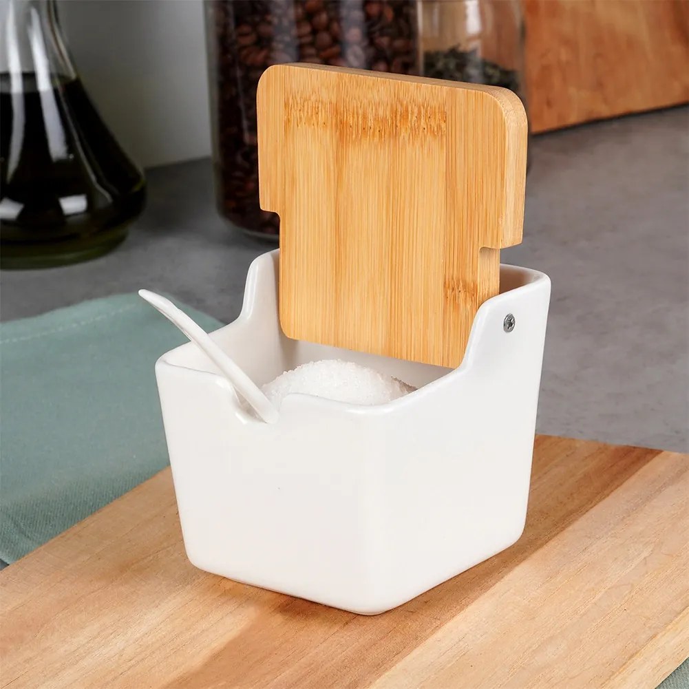VILDE 2. akosť - Hranatá keramická cukornička /soľnička s bambusovým viečkom a lyžičkou, 250ml VILDE, biela