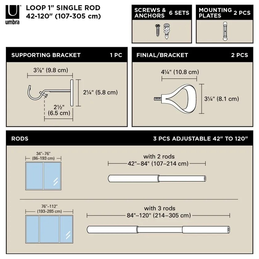Oceľová roztiahnuteľná garniža 107 - 305 cm Loop – Umbra
