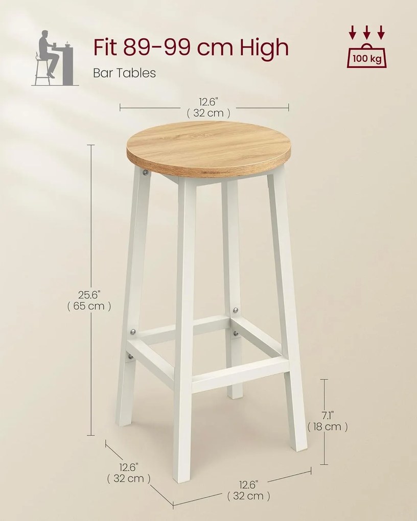 Sada 2 barových stoličiek Kuchynské stoličky s kovovým rámom Výška 65 cm, biela a dub